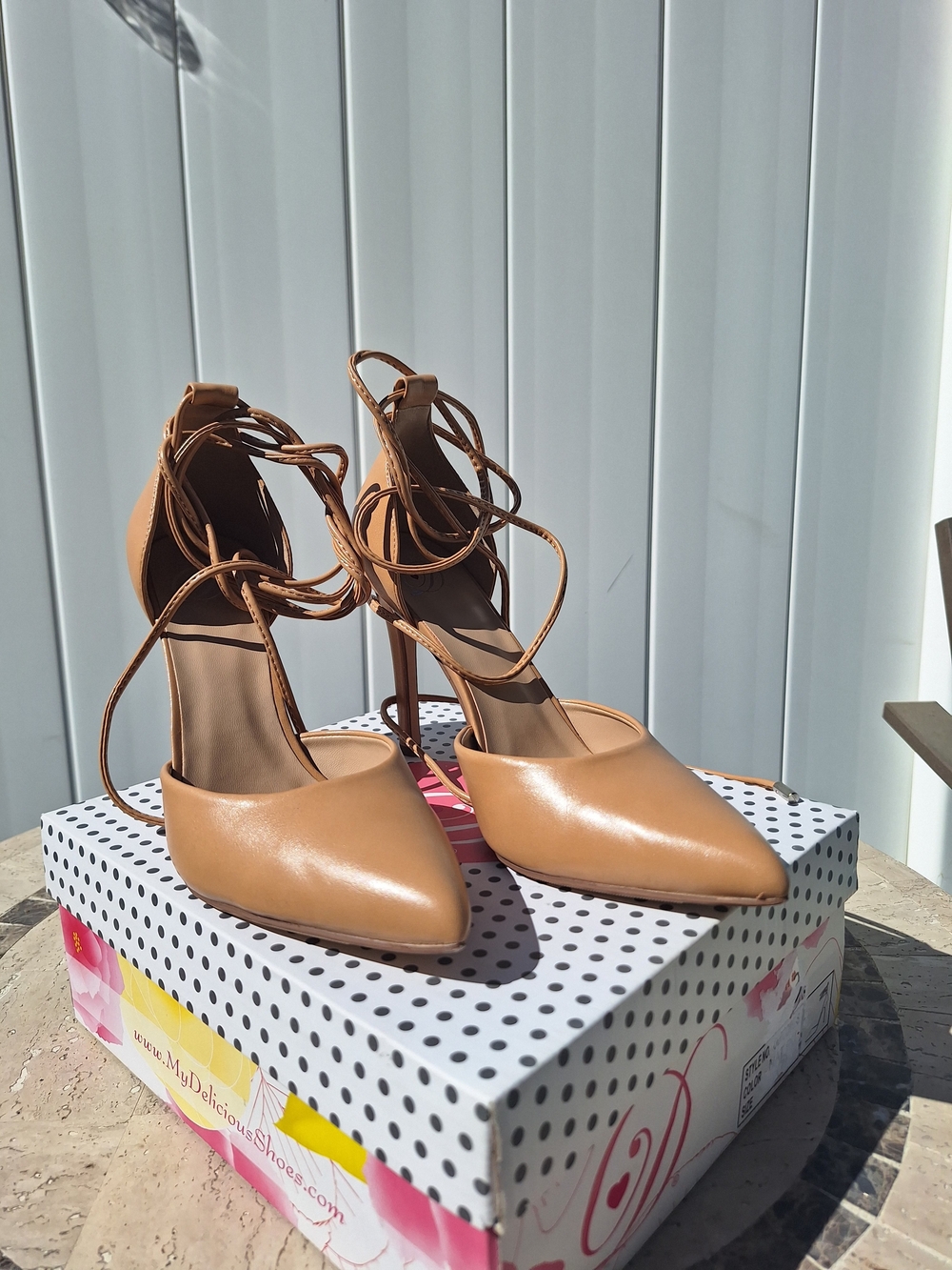 Sweet Dreams Tan Lace-Up Pointed Toe Stiletto Heels